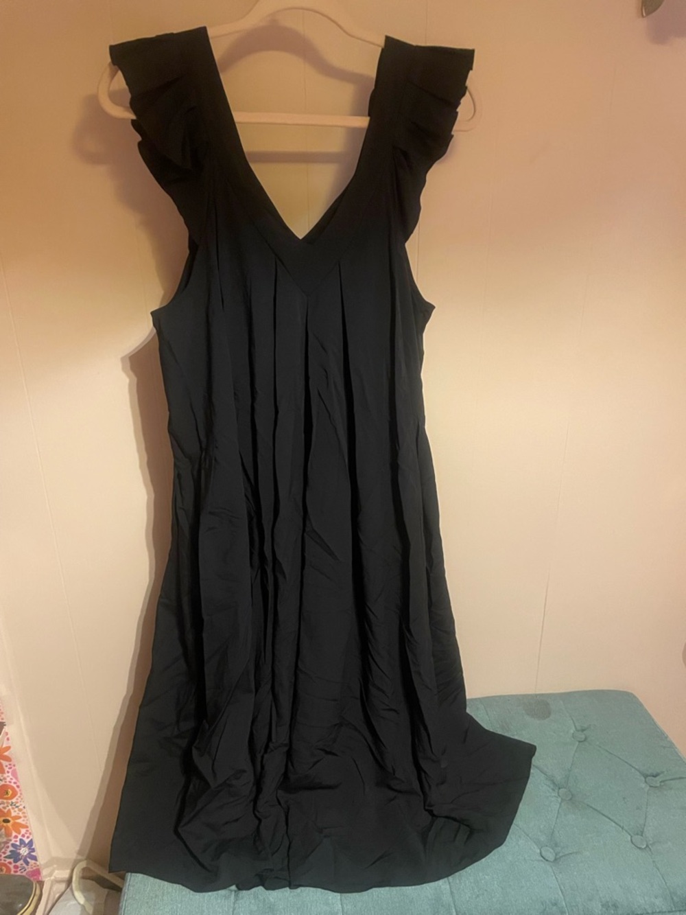 Black V-Neck Ruffle Strap Women's Dress